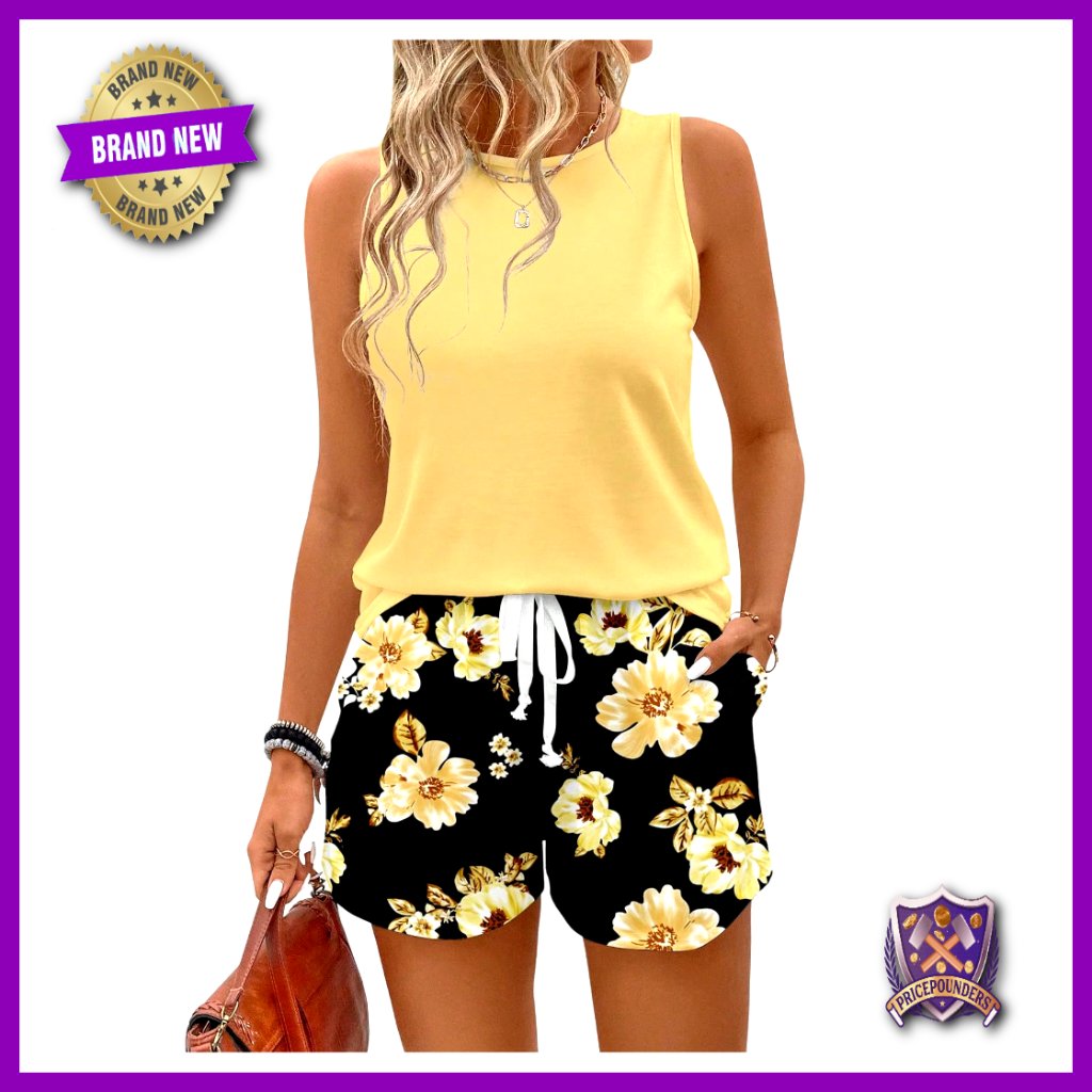 Plus Size Summer Shorts Set With Sleeveless Tank Top Floral Print